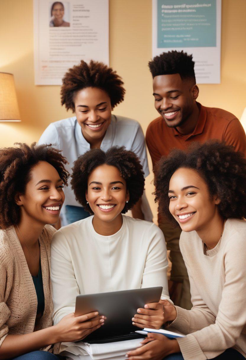 A diverse group of patients from various backgrounds smiling and engaging in a supportive group circle, surrounded by resources like pamphlets and laptops showcasing online support forums. Soft, warm lighting to create an inviting atmosphere, with motivational quotes in the background. Emphasize inclusivity and connection, symbolizing hope and empowerment. super-realistic. vibrant colors. warm tones.