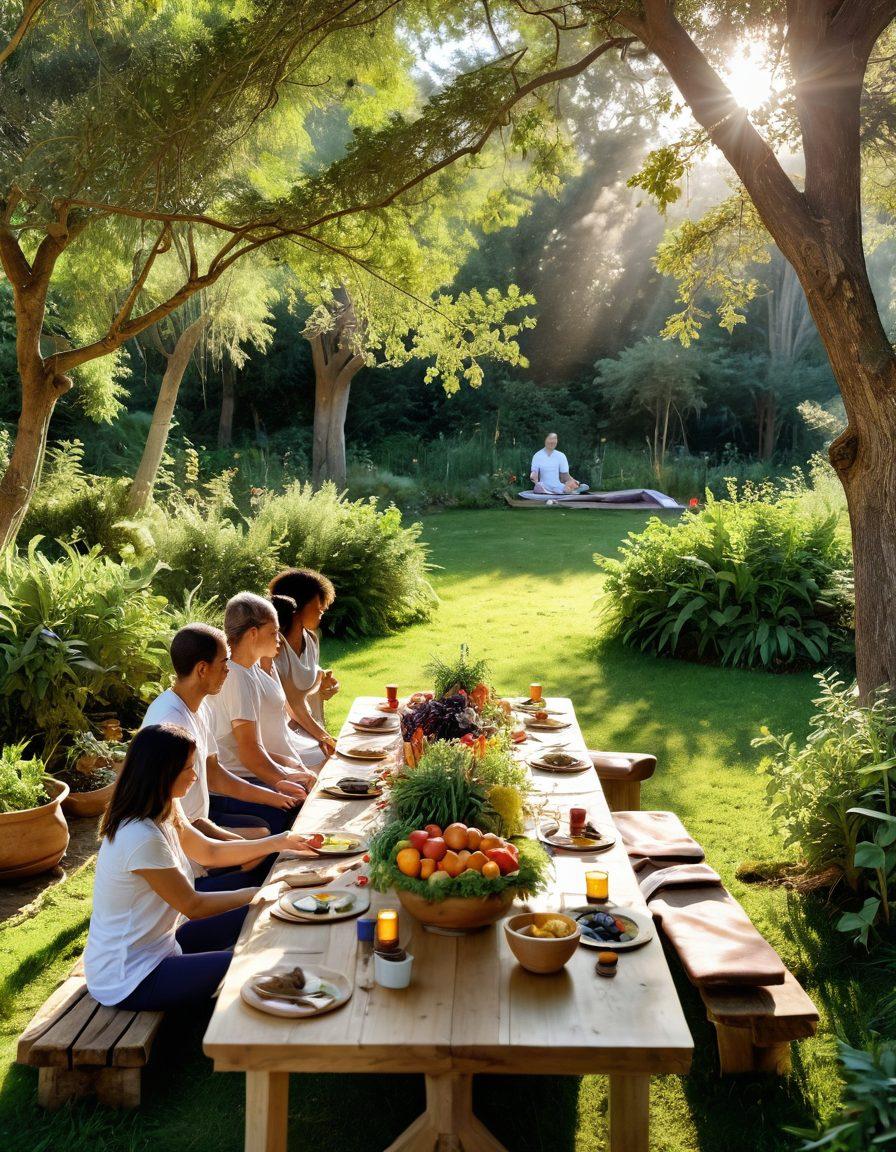 A serene outdoor scene showcasing a diverse array of nutrient-rich foods, including fruits, vegetables, and herbs. In the background, a diverse group of people engaging in alternative therapies such as yoga and acupuncture, surrounded by lush nature. The foreground features a warm, inviting table set with organic meals and herbal remedies embodying holistic health. Soft sunlight filters through the trees, casting gentle shadows and enhancing a sense of tranquility. vibrant colors. super-realistic.