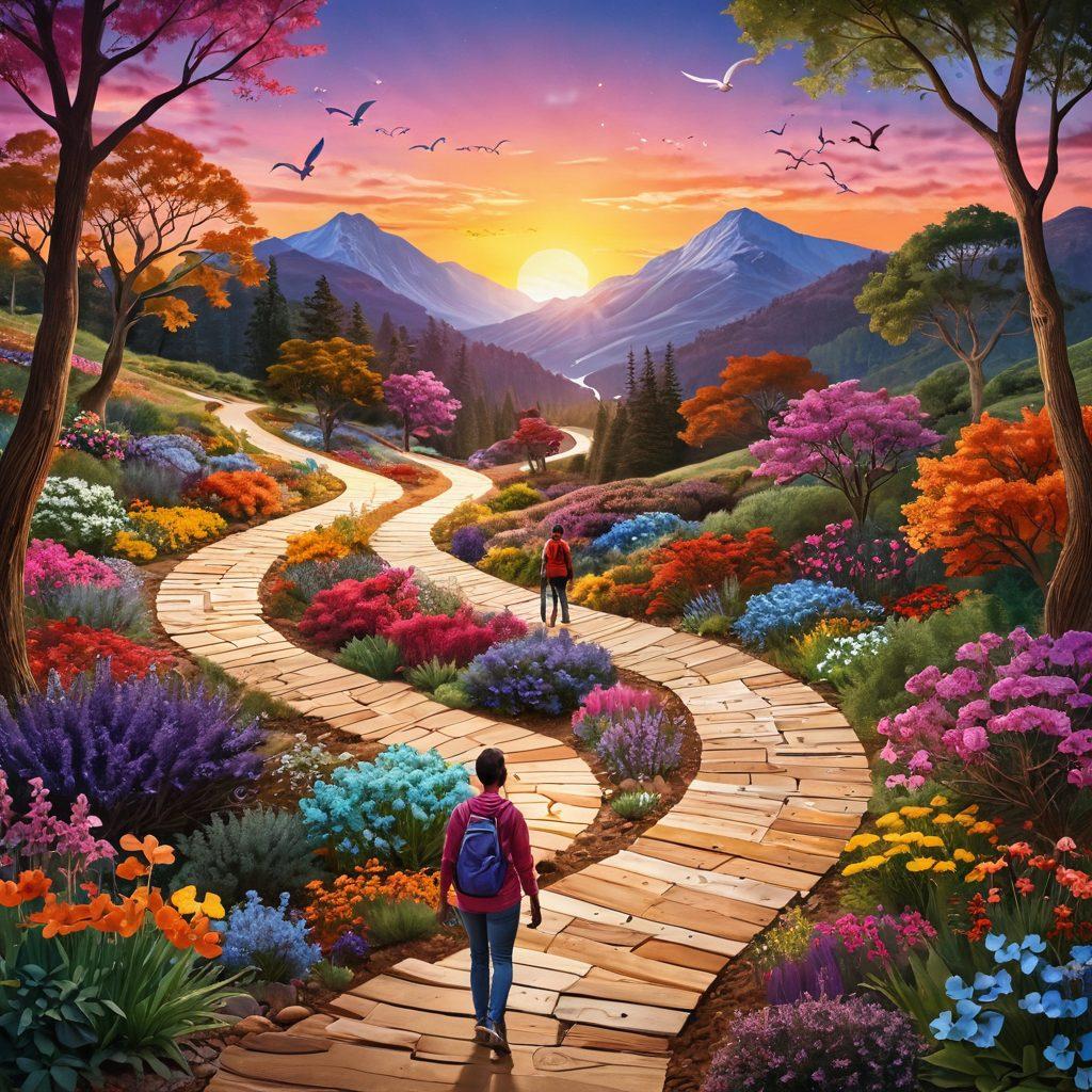 An enlightening collage depicting diverse individuals navigating a winding path through a vibrant landscape filled with symbolic elements representing hope, support, and resilience. Include soft glowing lights to indicate guidance and strength, alongside symbols of cancer awareness like ribbons and healing plants. The background should convey a sense of community and positivity, with warm colors blending harmoniously. 3D. vibrant colors. super-realistic.